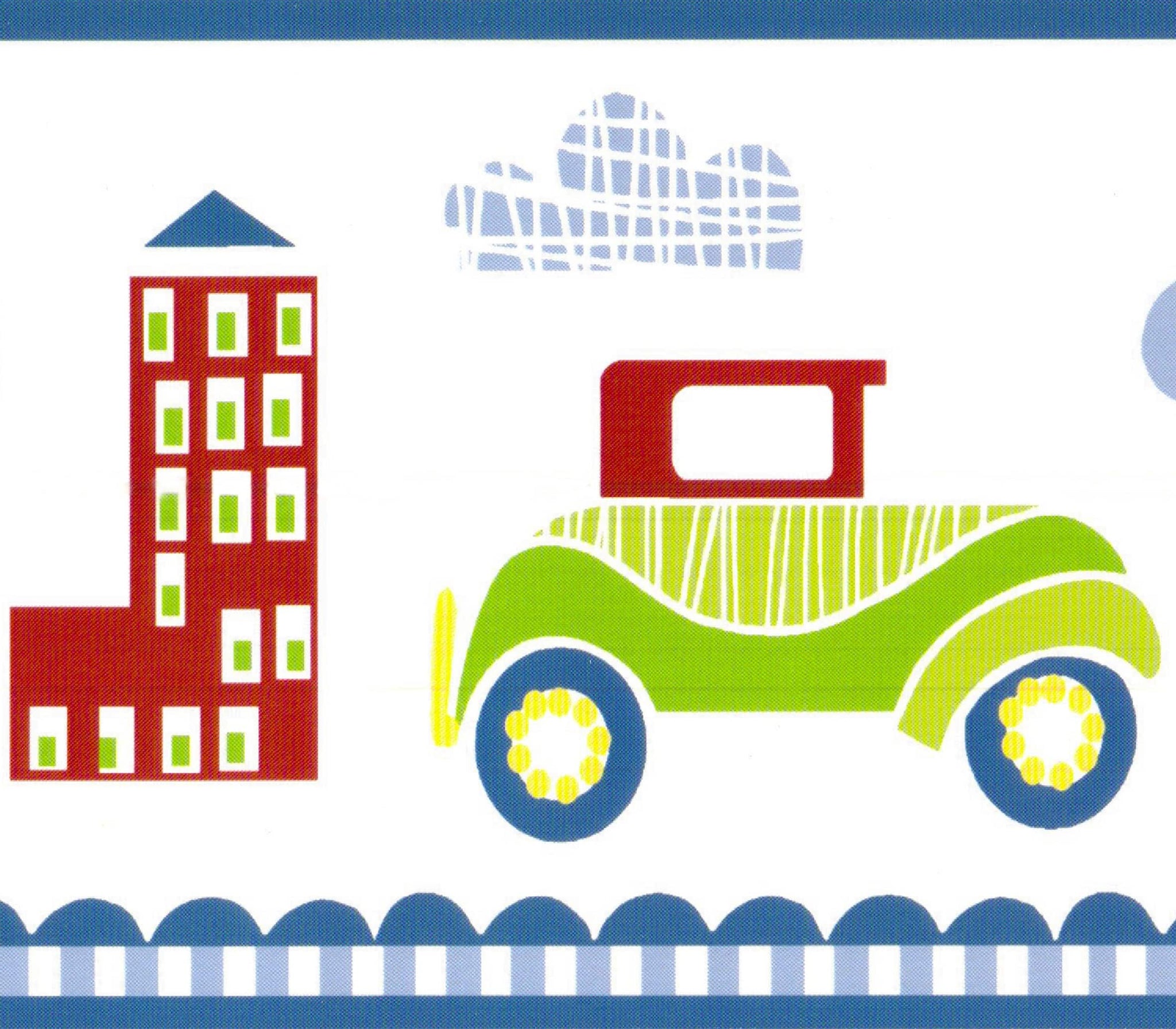 Prepasted Wallpaper Border - Kids Red, Green, Blue, Yellow Cartoon Retro Cars, City Wall Border Retro Design, 15 ft x 6 in (4.57m x 15.24cm)