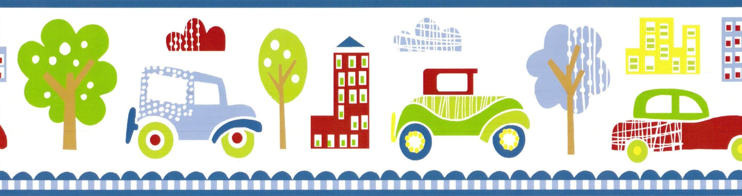 Prepasted Wallpaper Border - Kids Red, Green, Blue, Yellow Cartoon Retro Cars, City Wall Border Retro Design, 15 ft x 6 in (4.57m x 15.24cm)