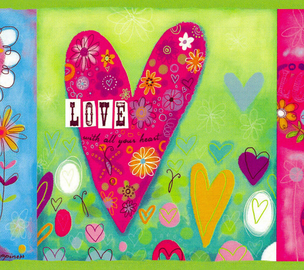Prepasted Wallpaper Border - Kids Pink, Green, Blue, Purple Peace, Heart, Flower, Butterrfly Wall Border Retro Design, 15 ft x 6 in (4.57m x 15.24cm)