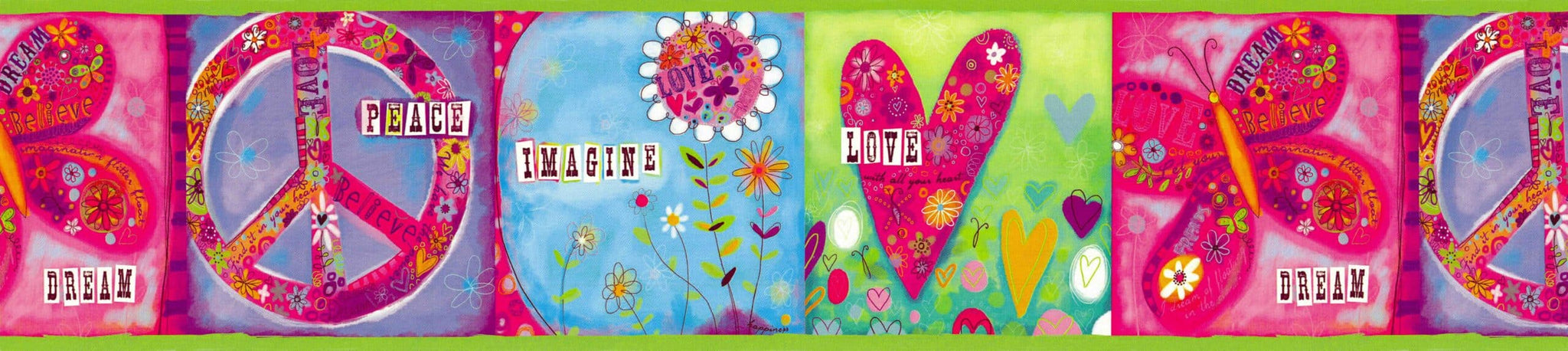 Prepasted Wallpaper Border - Kids Pink, Green, Blue, Purple Peace, Heart, Flower, Butterrfly Wall Border Retro Design, 15 ft x 6 in (4.57m x 15.24cm)