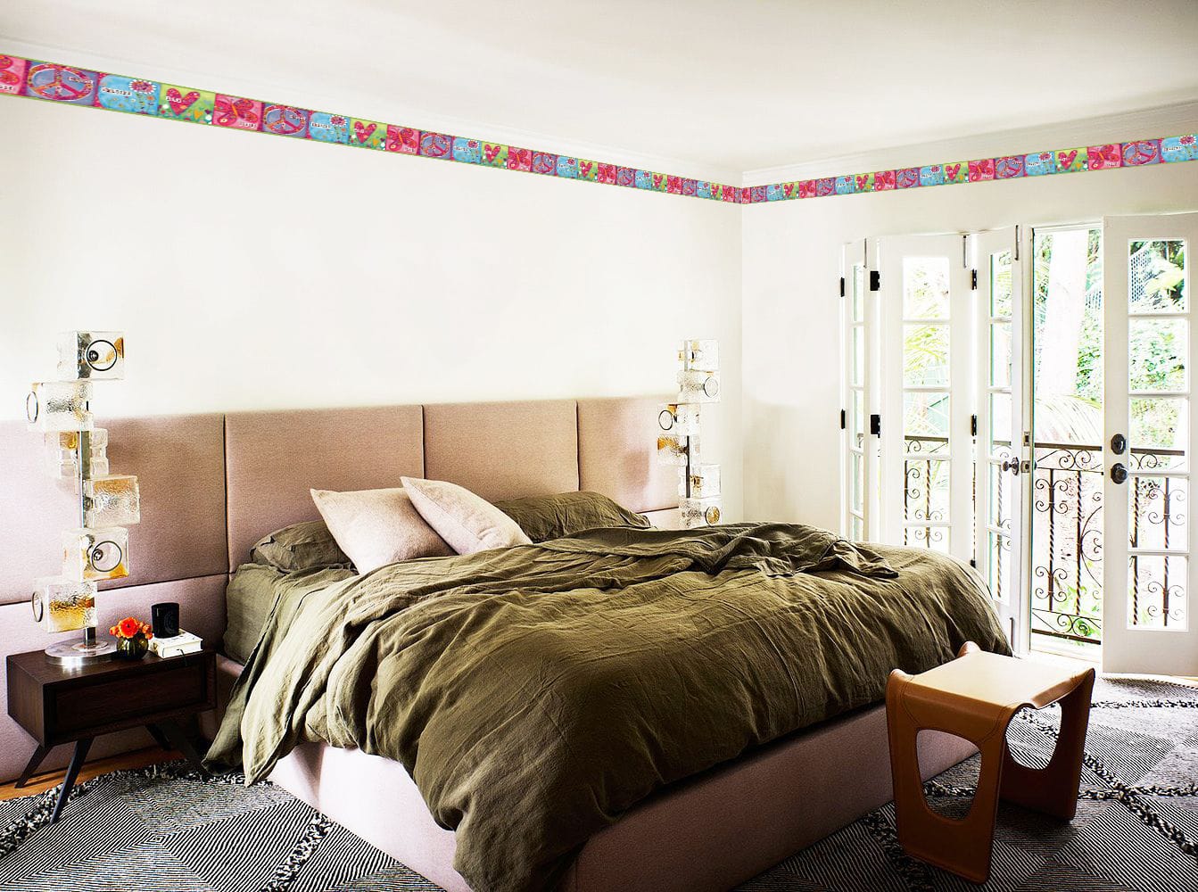 Prepasted Wallpaper Border - Kids Pink, Green, Blue, Purple Peace, Heart, Flower, Butterrfly Wall Border Retro Design, 15 ft x 6 in (4.57m x 15.24cm)