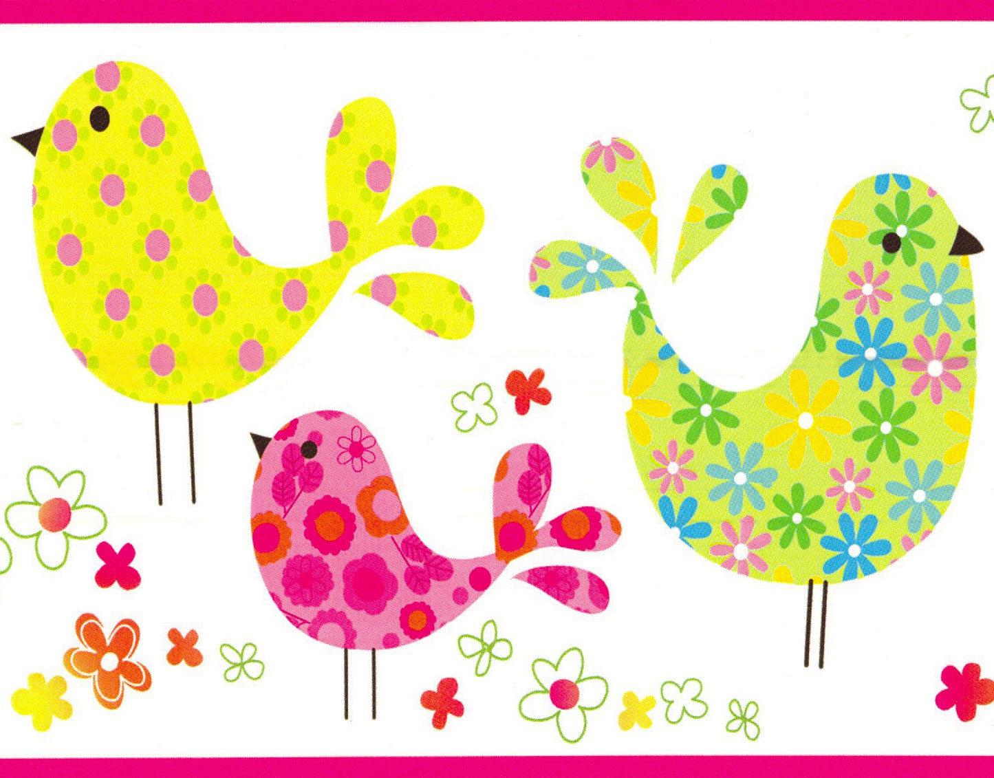 Prepasted Wallpaper Border - Kids Pink, Green, Yellow, Blue Birds, Flowers Wall Border Retro Design, 15 ft x 5.8 in (4.57m x 14.73cm)