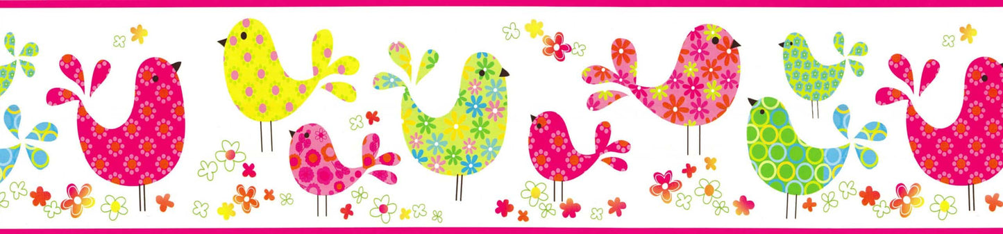 Prepasted Wallpaper Border - Kids Pink, Green, Yellow, Blue Birds, Flowers Wall Border Retro Design, 15 ft x 5.8 in (4.57m x 14.73cm)
