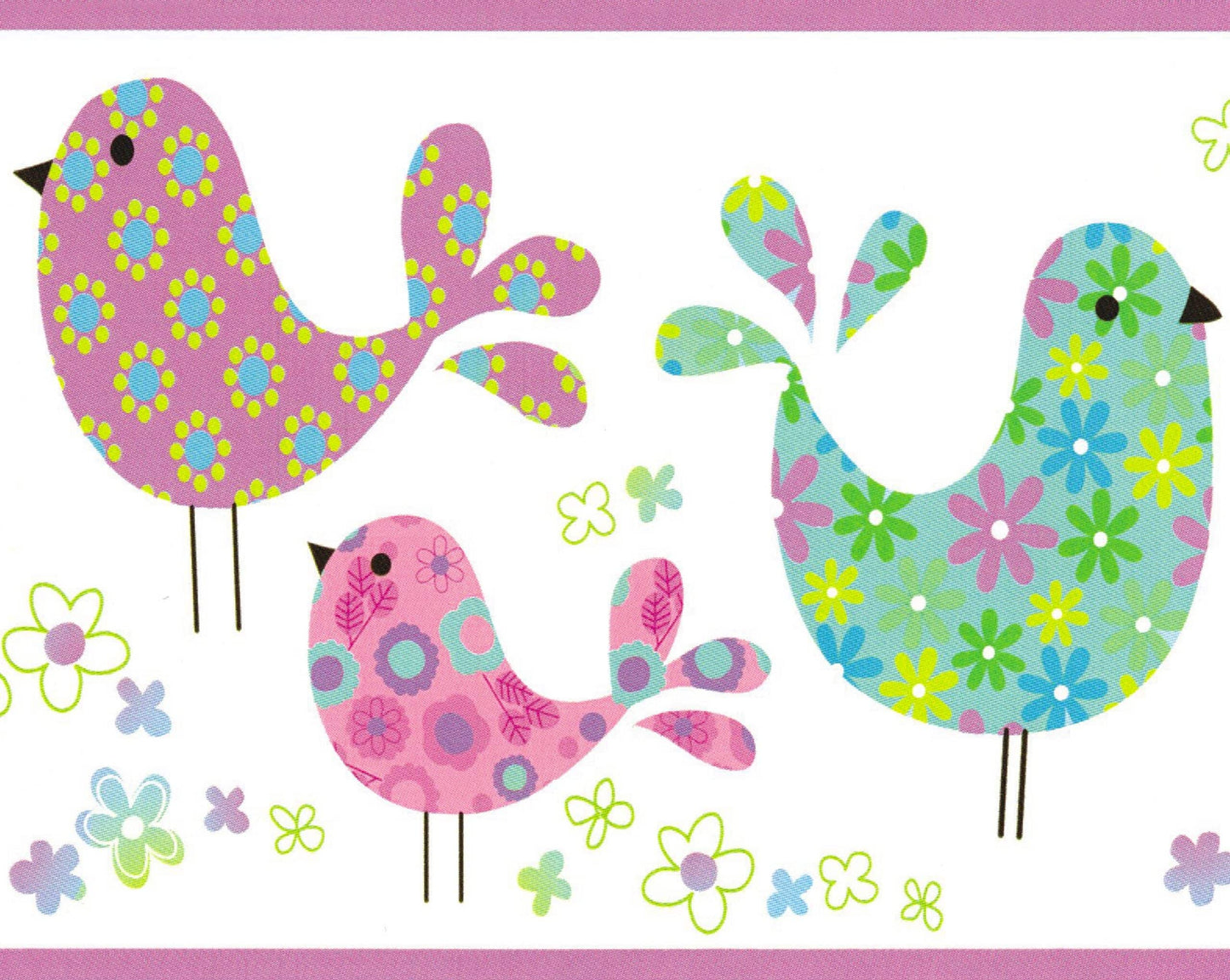 Prepasted Wallpaper Border - Kids Purple, Blue, Green, Pink Birds, Flowers Wall Border Retro Design, 15 ft x 6 in (4.57m x 15.24cm)