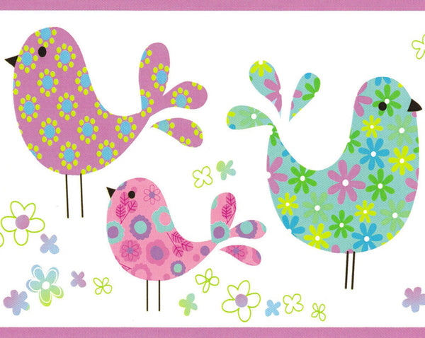 Prepasted Wallpaper Border - Kids Purple, Blue, Green, Pink Birds, Flowers Wall Border Retro Design, 15 ft x 6 in (4.57m x 15.24cm)