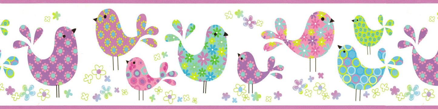 Prepasted Wallpaper Border - Kids Purple, Blue, Green, Pink Birds, Flowers Wall Border Retro Design, 15 ft x 6 in (4.57m x 15.24cm)