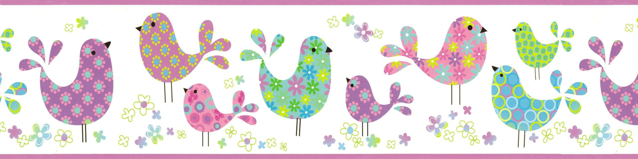 Prepasted Wallpaper Border - Kids Purple, Blue, Green, Pink Birds, Flowers Wall Border Retro Design, 15 ft x 6 in (4.57m x 15.24cm)