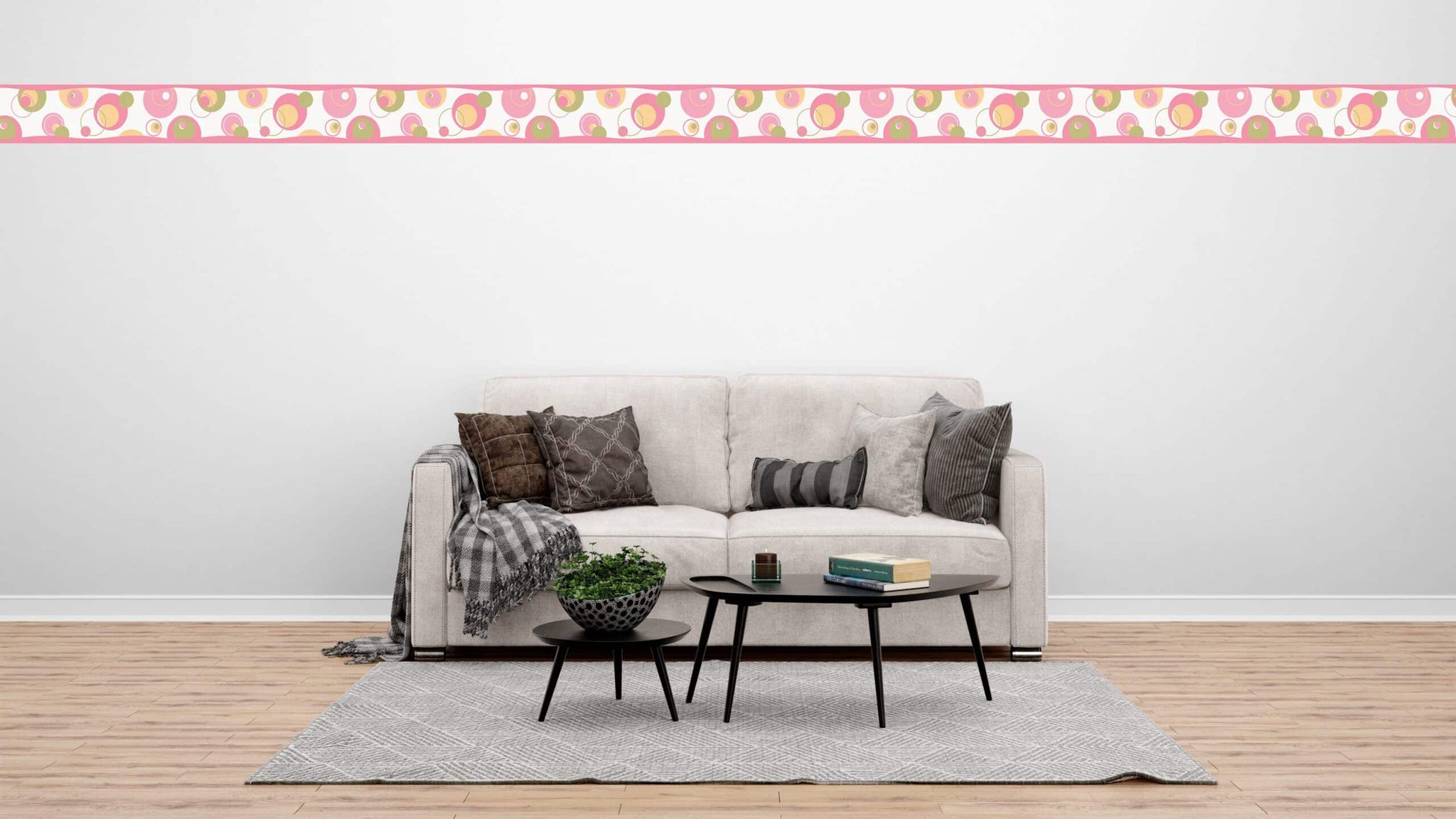Prepasted Wallpaper Border - Geometric Pink, Green, Yellow, White Circles Wall Border Retro Design, 15 ft x 6 in (4.57m x 15.24cm)
