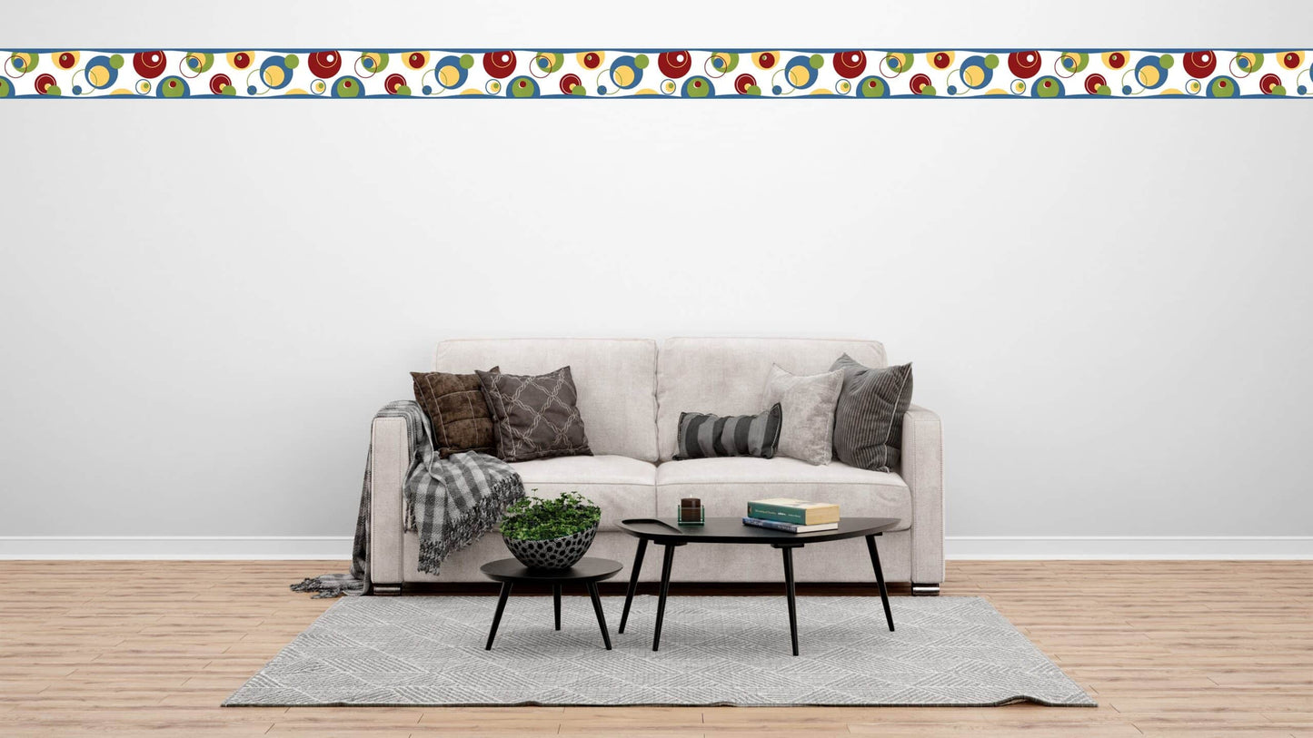 Prepasted Wallpaper Border - Geometric Green, Blue, Red Circles Wall Border Retro Design, 15 ft x 6 in (4.57m x 15.24cm)