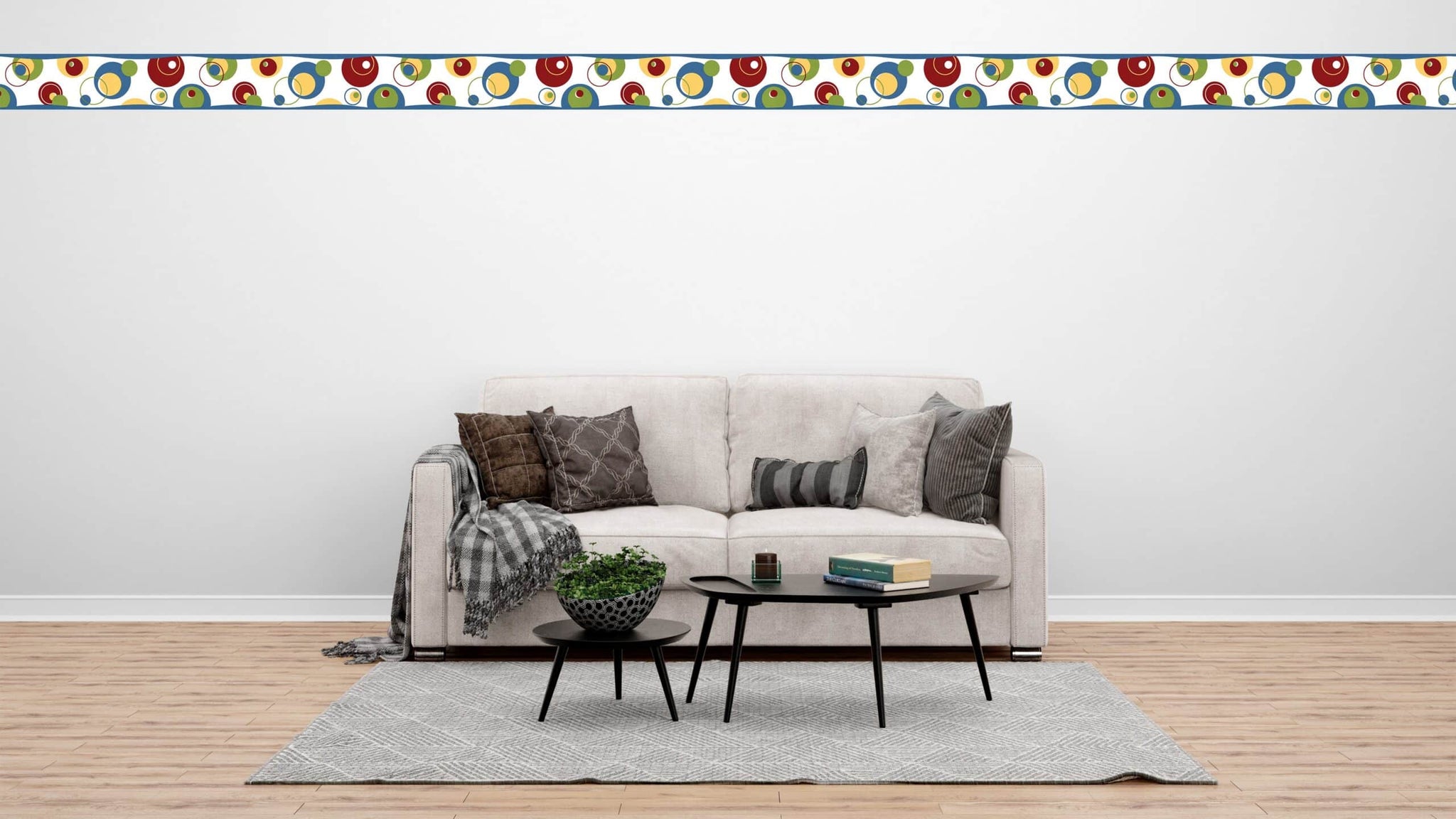 Prepasted Wallpaper Border - Geometric Green, Blue, Red Circles Wall Border Retro Design, 15 ft x 6 in (4.57m x 15.24cm)