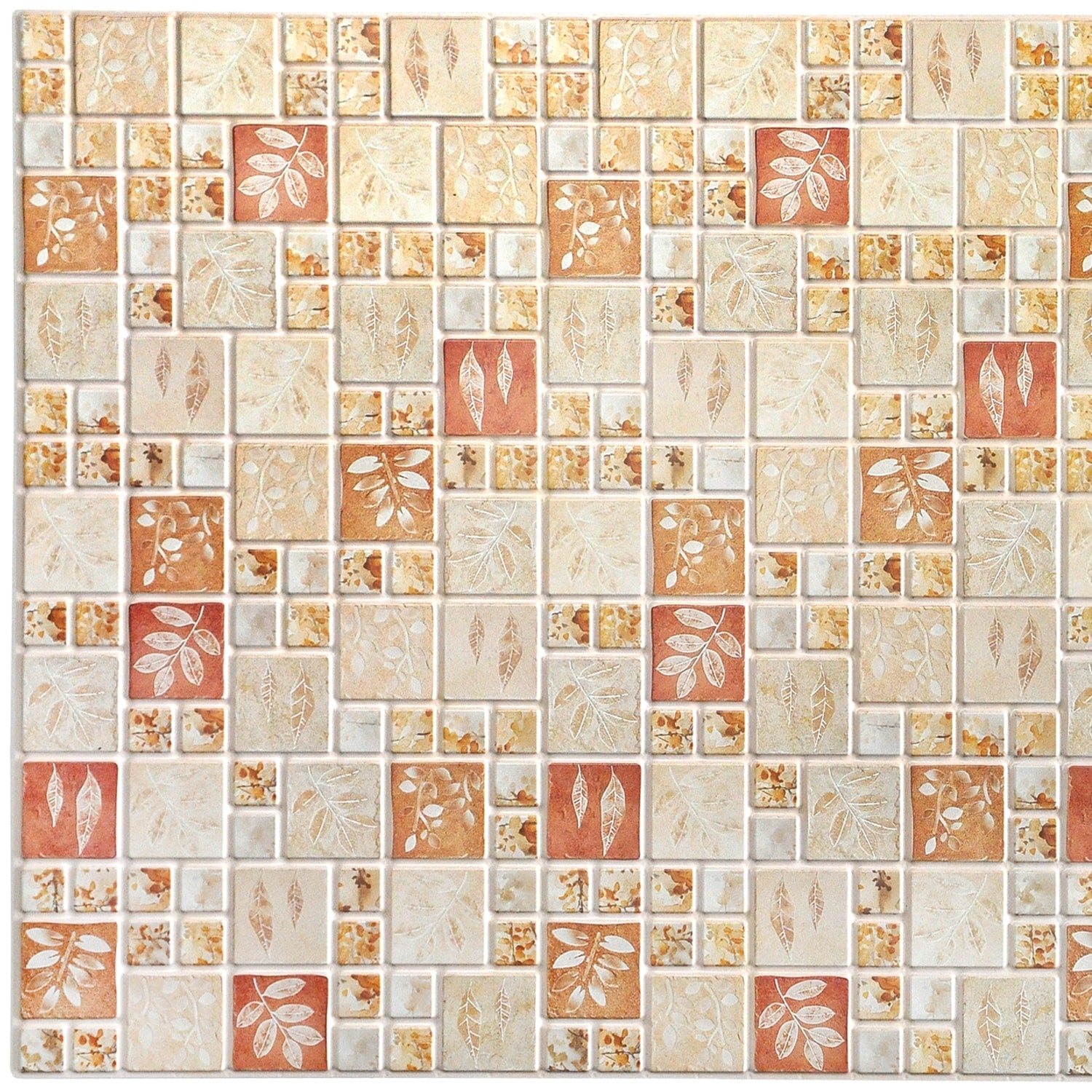 Beige Light Green Red Faux Squares with Autumn Leaves, 3.1 ft x 1.6 ft, PVC 3D Wall Panel, Interior Design Wall Paneling Decor, 4.9 sq. ft. - Single