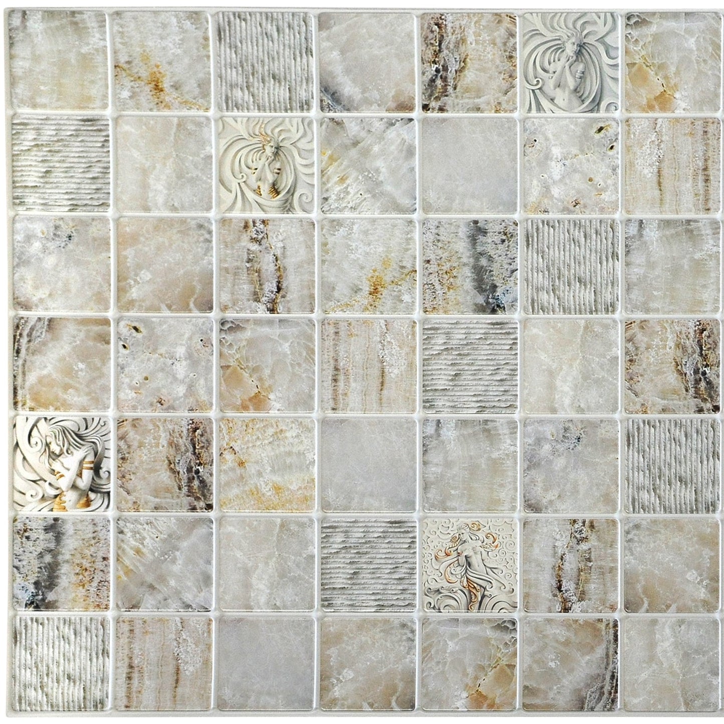 Beige Grey Faux Venecian Marble in Squares, 3.1 ft x 1.6 ft, PVC 3D Wall Panel, Interior Design Wall Paneling Decor, 4.9 sq. ft. - Single