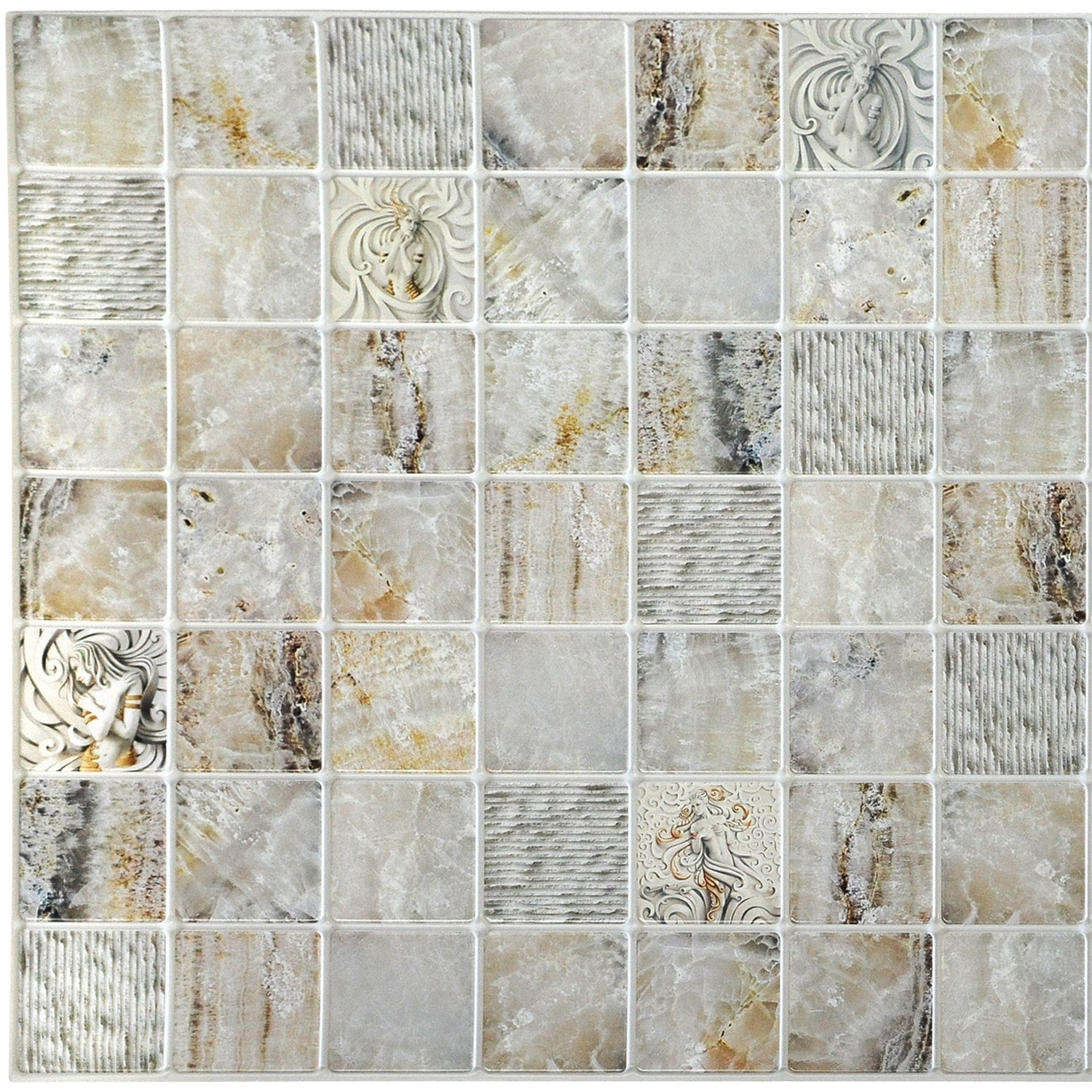 Beige Grey Faux Venecian Marble in Squares, 3.1 ft x 1.6 ft, PVC 3D Wall Panel, Interior Design Wall Paneling Decor, 4.9 sq. ft. - Single