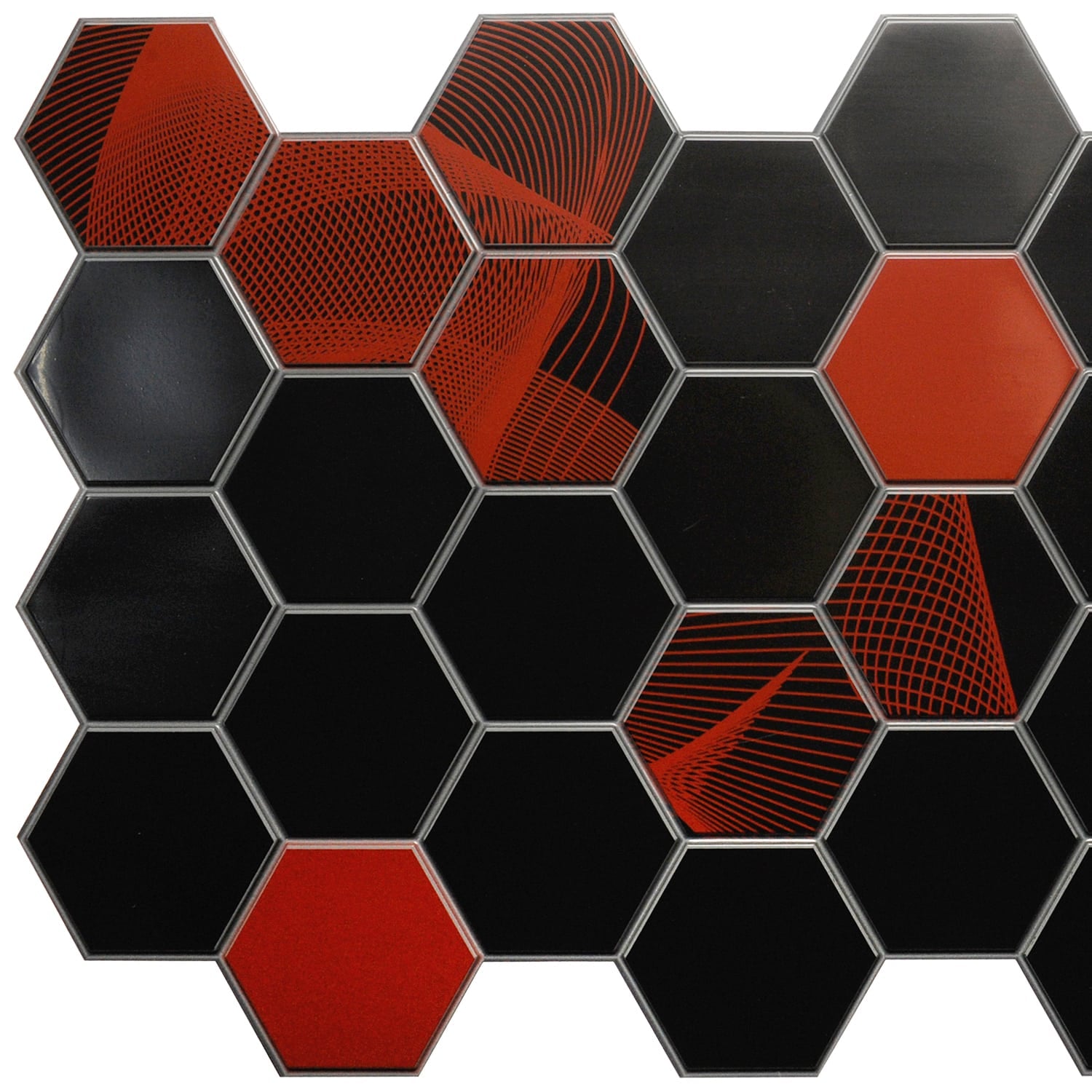 Black Red Brown Faux Hexagon Mosaic, 3.2 ft x 1.6 ft, PVC 3D Wall Panel, Interior Design Wall Paneling Decor, 5.2 sq. ft. - Single