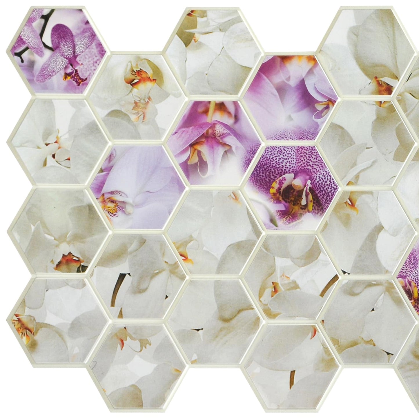 Purple White Faux Hexagon Orchid Mosaic, 3.2 ft x 1.6 ft, PVC 3D Wall Panel, Interior Design Wall Paneling Decor, 5.2 sq. ft. - Single