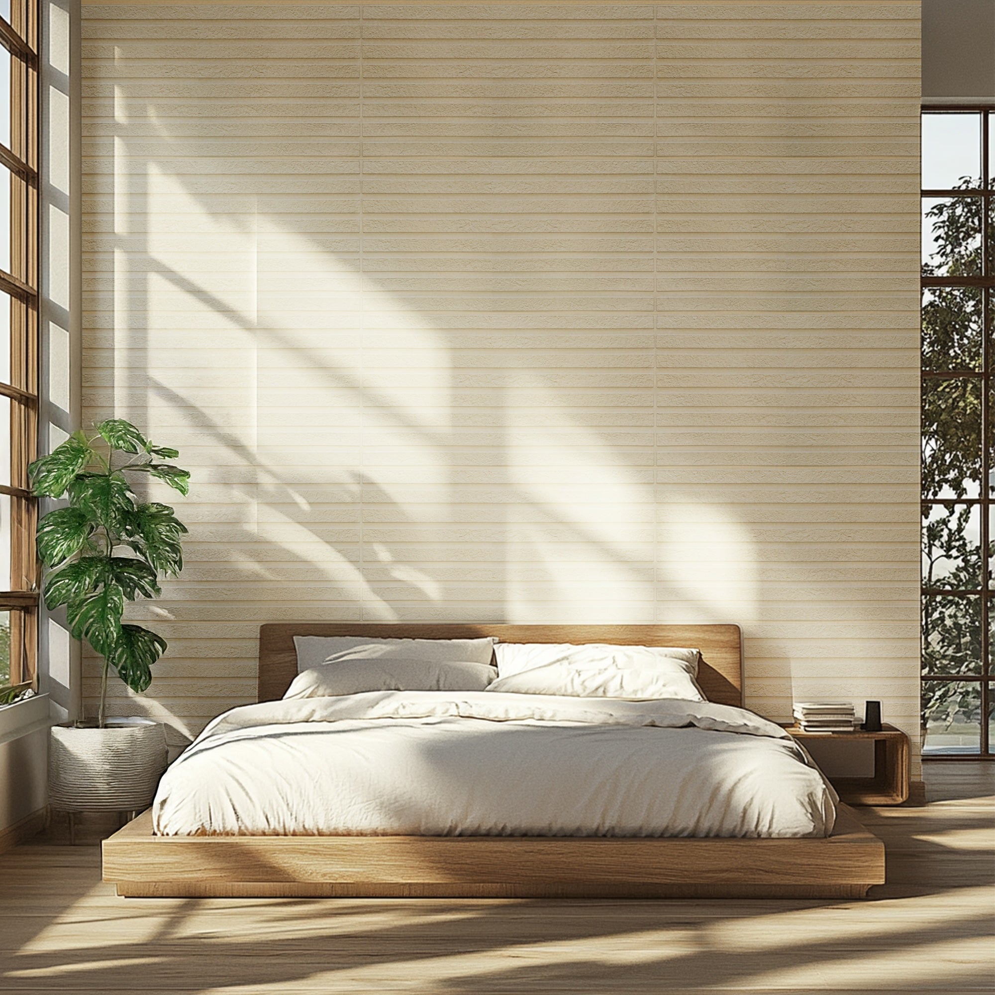 bedroom with bed, plant, and cream faux wood wall panel