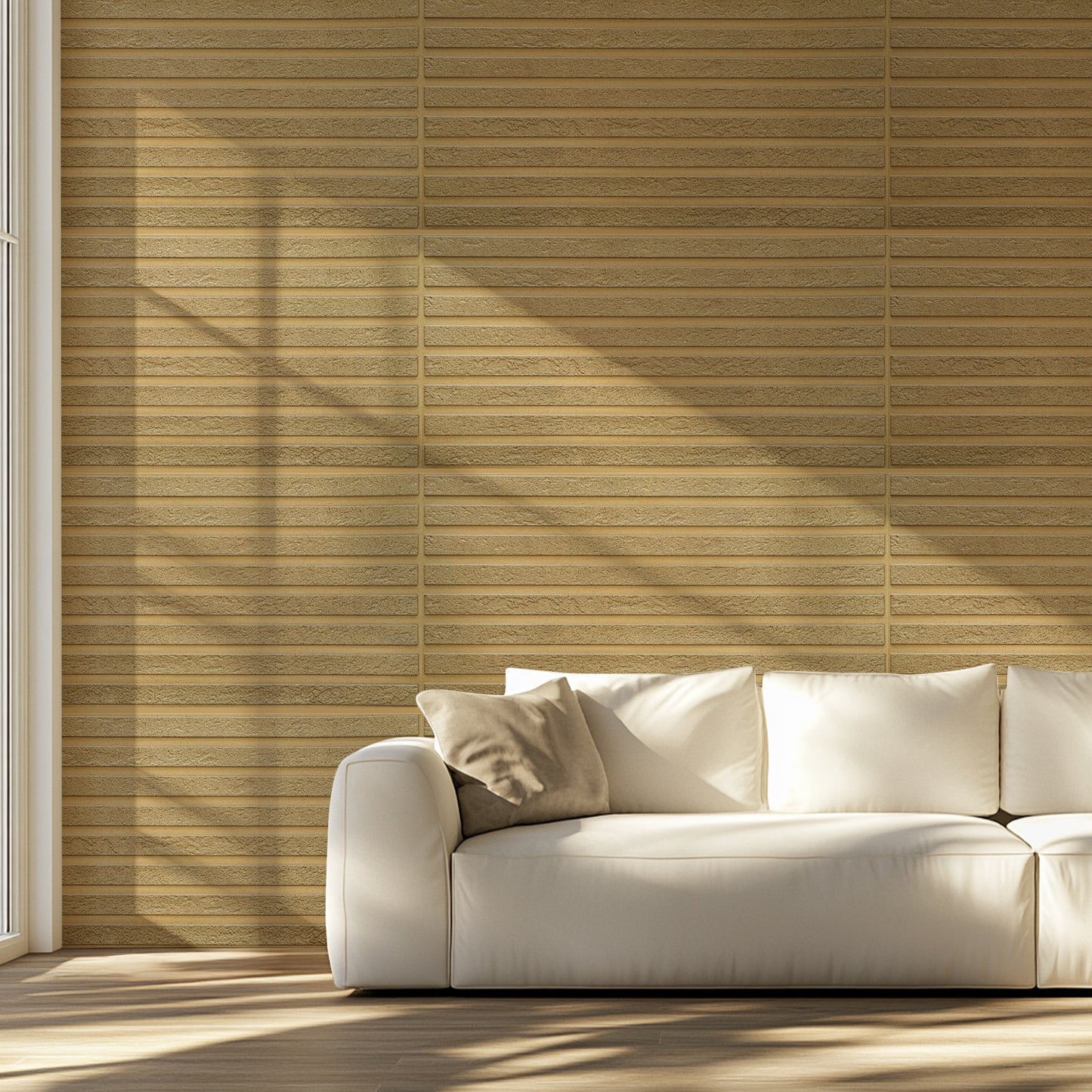 living room with sofa and faux wood wall panels