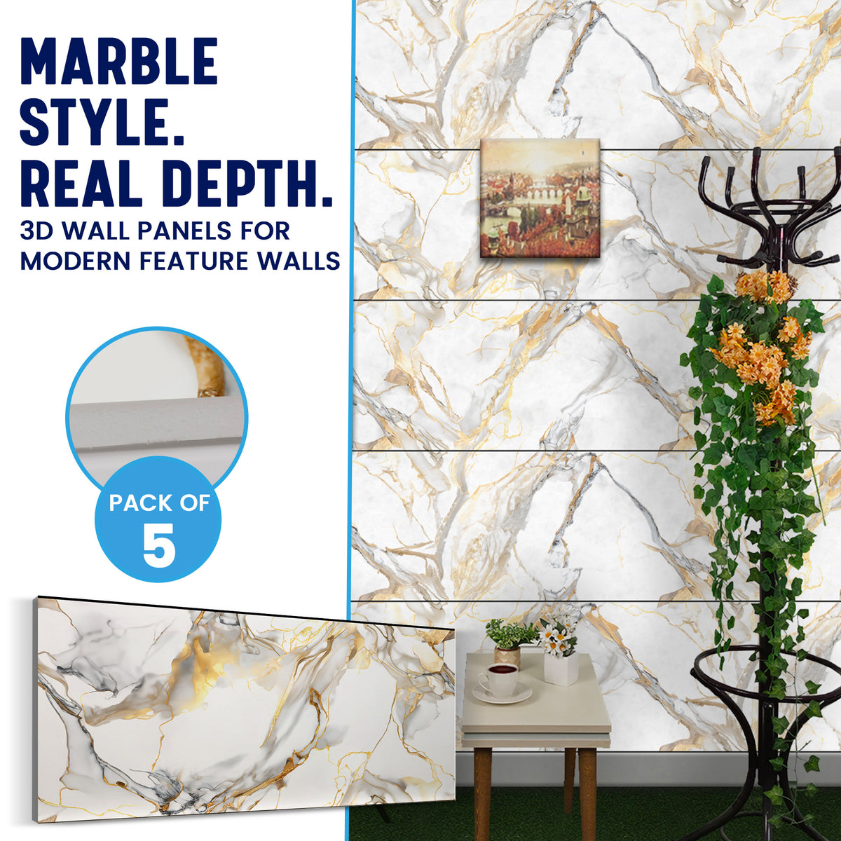 Faux Marble Wall Panels, Blue, Gold & White, Styrofoam