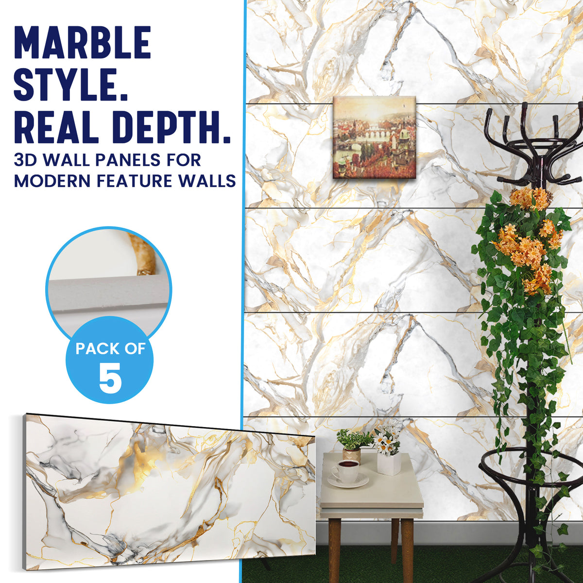 Faux Marble Wall Panels, Blue, Gold & White, Styrofoam