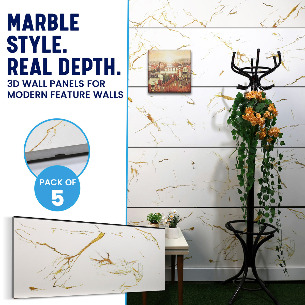 Faux Marble Wall Panels, Gold & White, Styrofoam