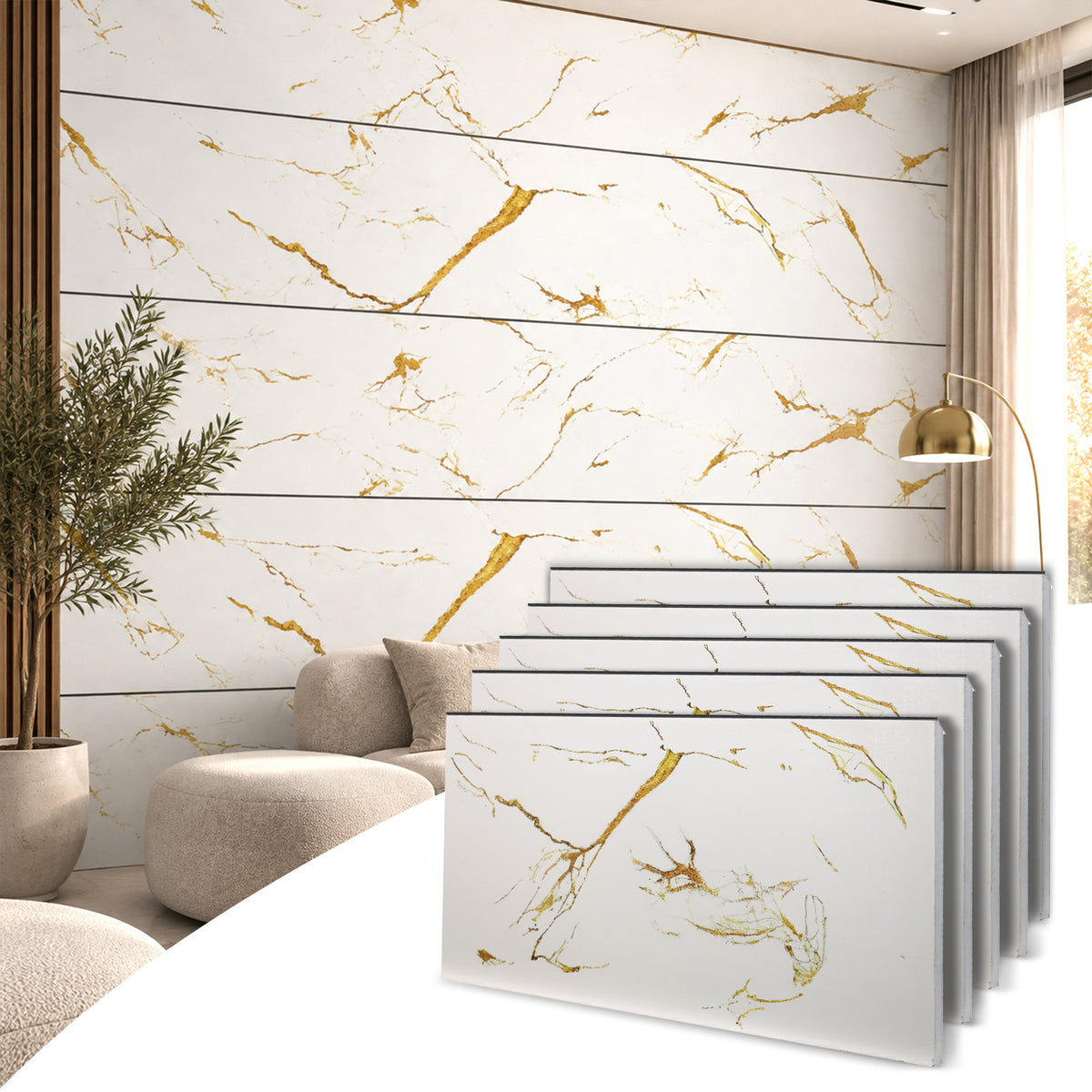 Faux Marble Wall Panels, Gold & White, Styrofoam