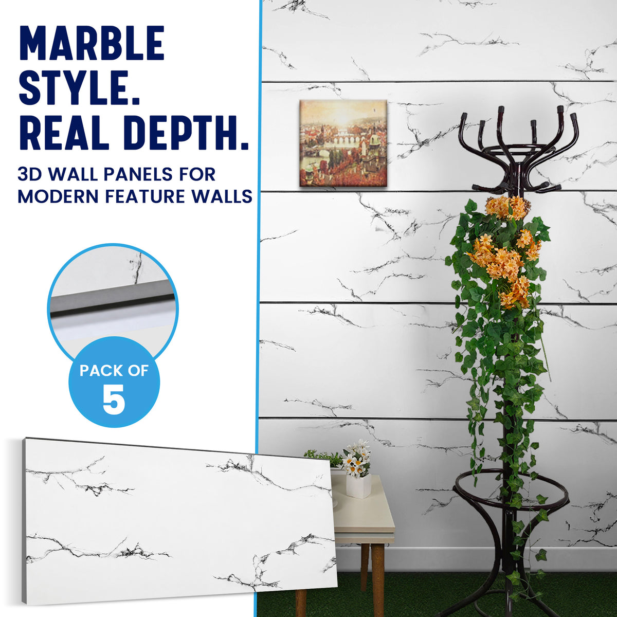 Faux Marble Wall Panels, Charcoal & White, Styrofoam