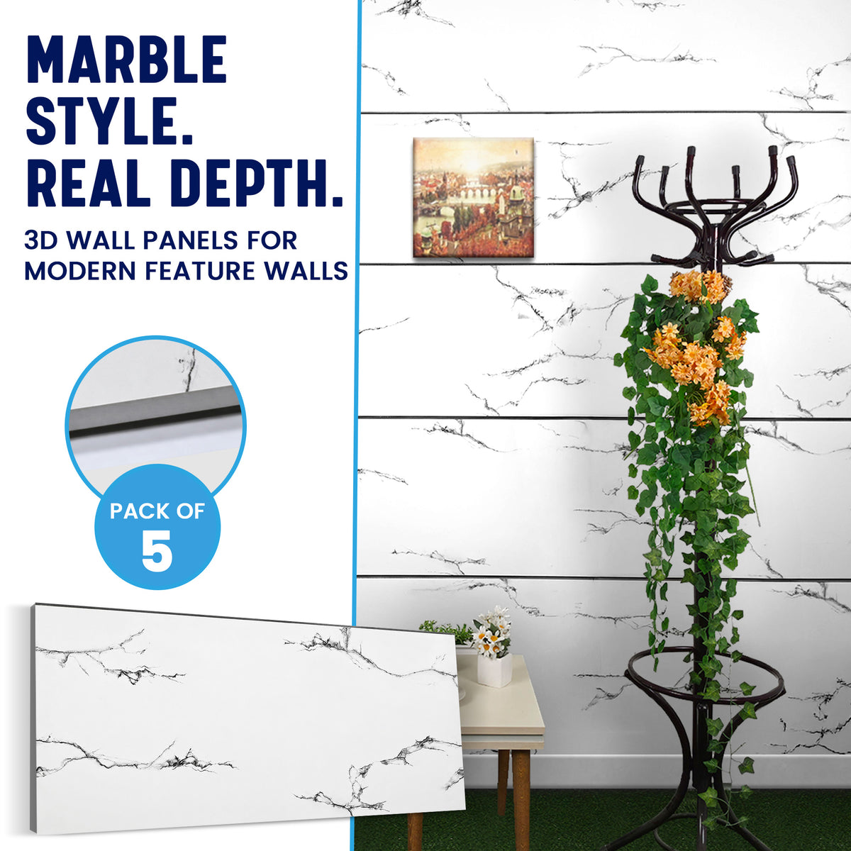 Faux Marble Wall Panels, Charcoal & White, Styrofoam