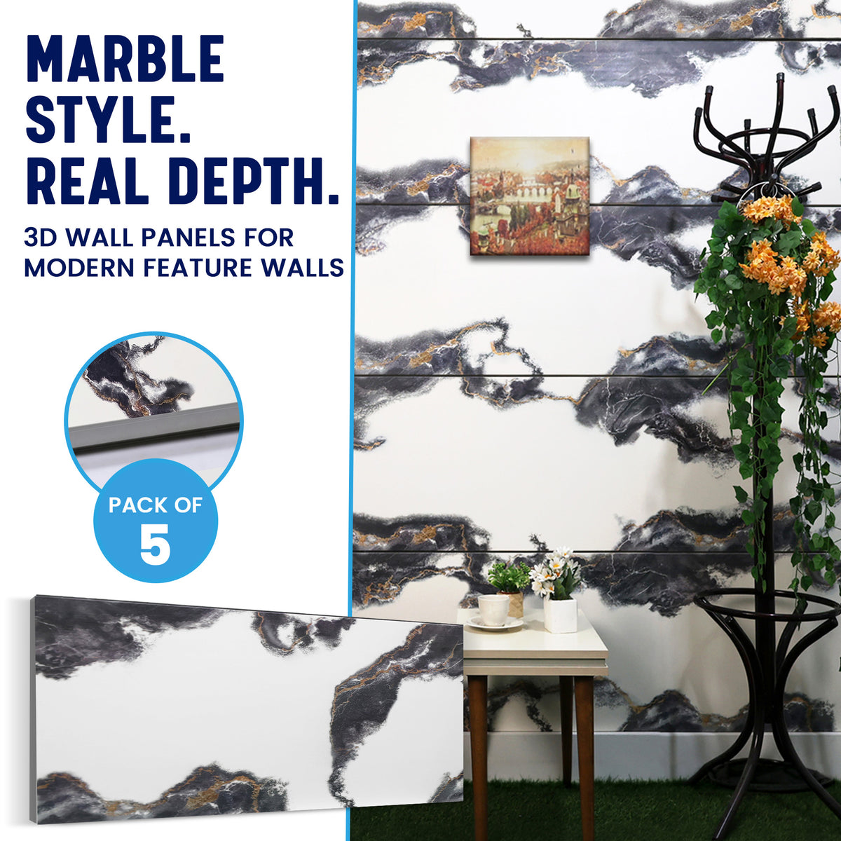 Faux Marble Wall Panels, Black, Gold & White, Styrofoam