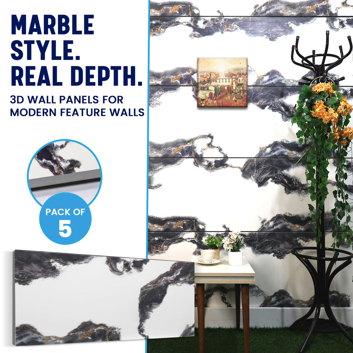 Faux Marble Wall Panels, Black, Gold & White, Styrofoam