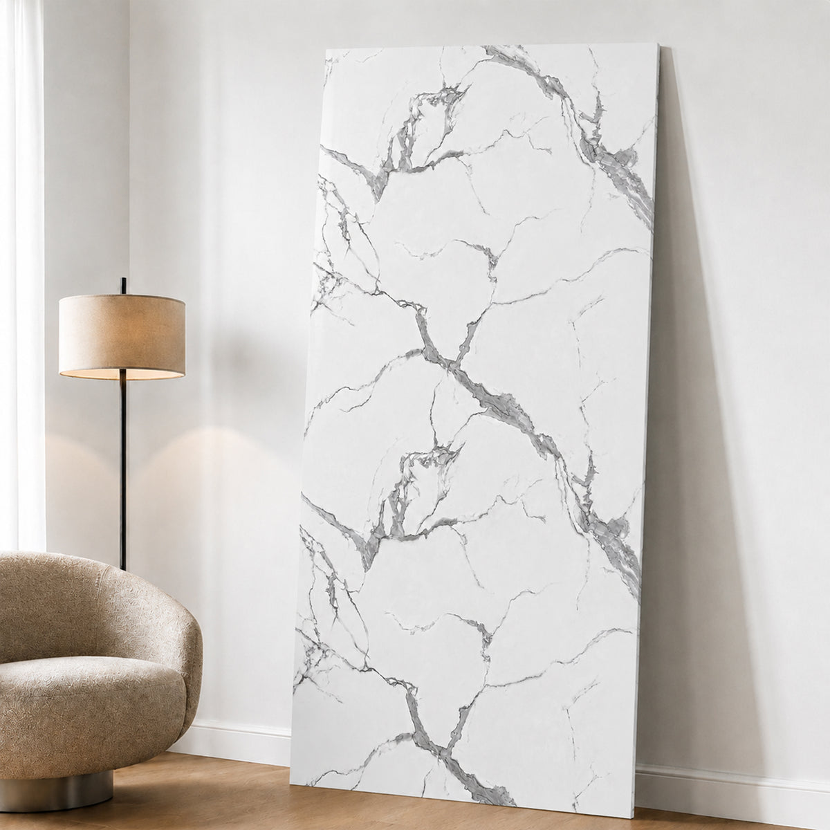 Faux Marble Panels - 4ft x 9ft - Matte, Waterproof DIY Decorative Panels for Walls and Floors - Off-White, Grey, Tan Veins