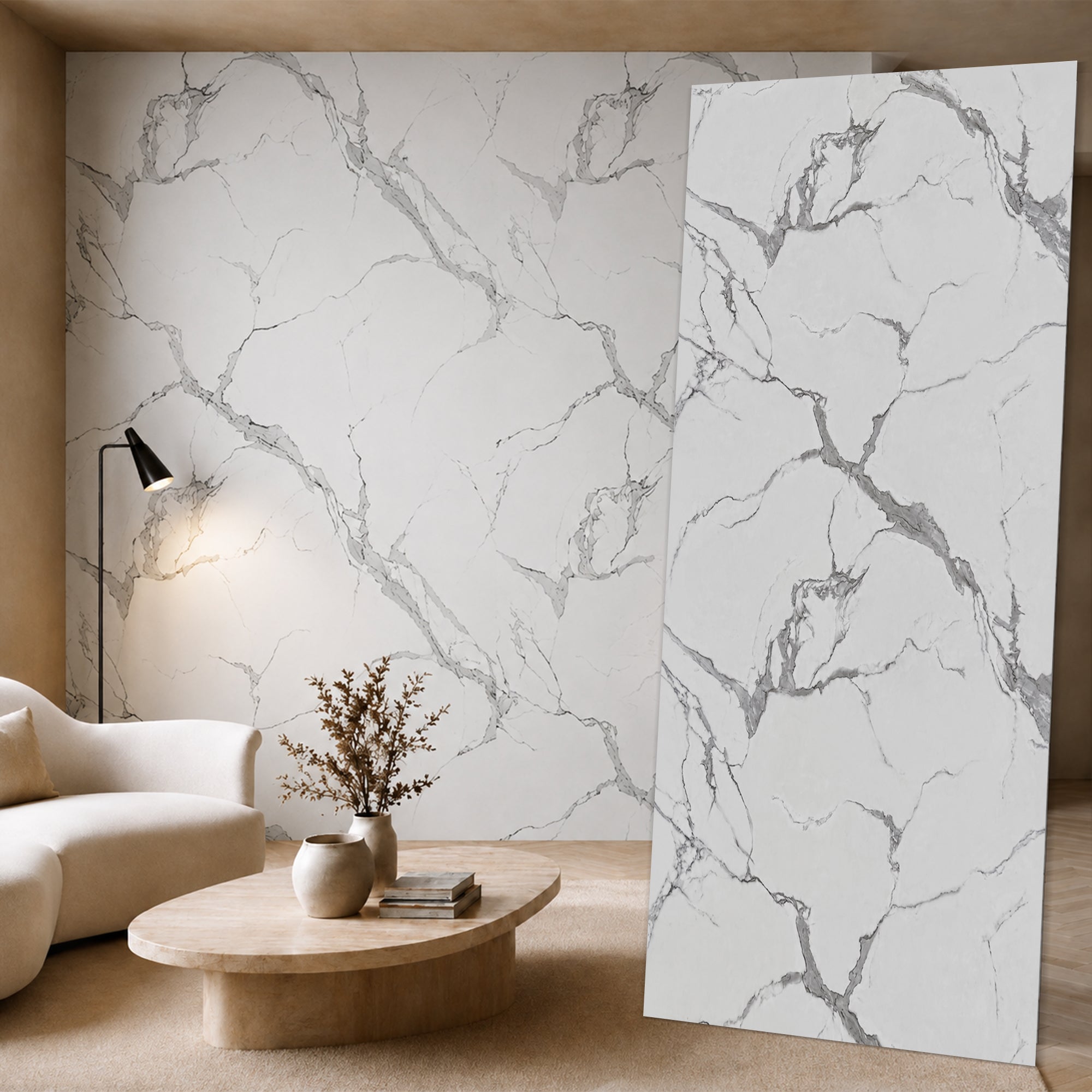 Faux Marble Panels - 4ft x 9ft - Matte, Waterproof DIY Decorative Panels for Walls and Floors - Off-White, Grey, Tan Veins