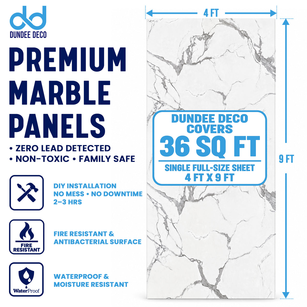 Faux Marble Panels - 4ft x 9ft - Matte, Waterproof DIY Decorative Panels for Walls and Floors - Off-White, Grey, Tan Veins