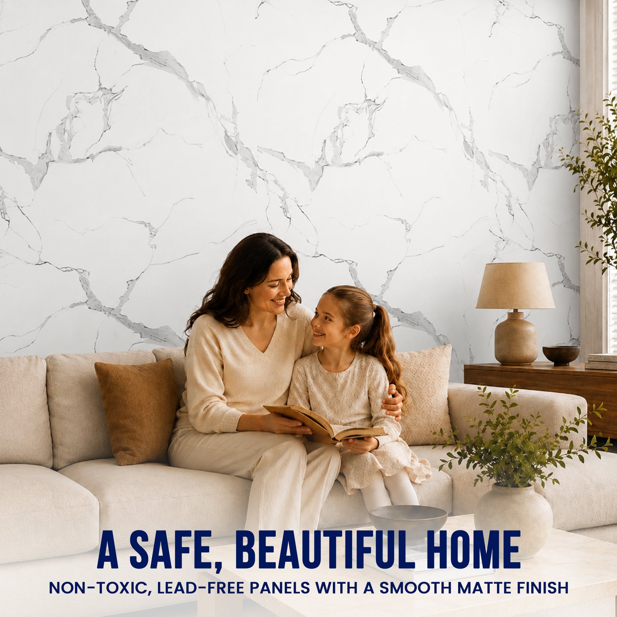 Faux Marble Panels - 4ft x 9ft - Matte, Waterproof DIY Decorative Panels for Walls and Floors - Off-White, Grey, Tan Veins