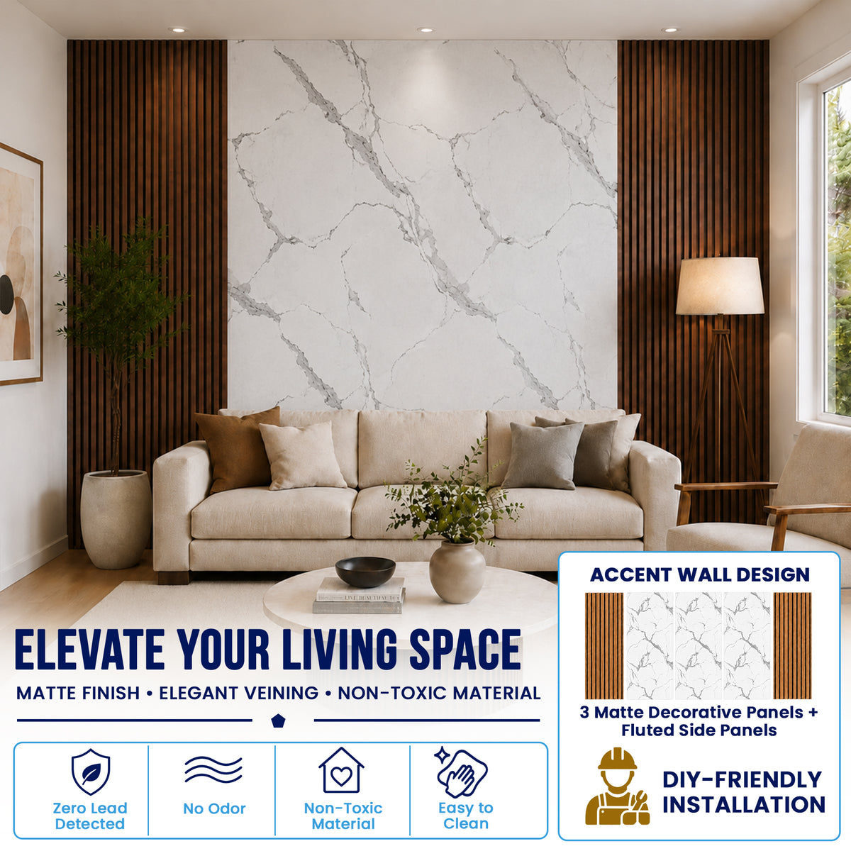 Faux Marble Panels - 4ft x 9ft - Matte, Waterproof DIY Decorative Panels for Walls and Floors - Off-White, Grey, Tan Veins