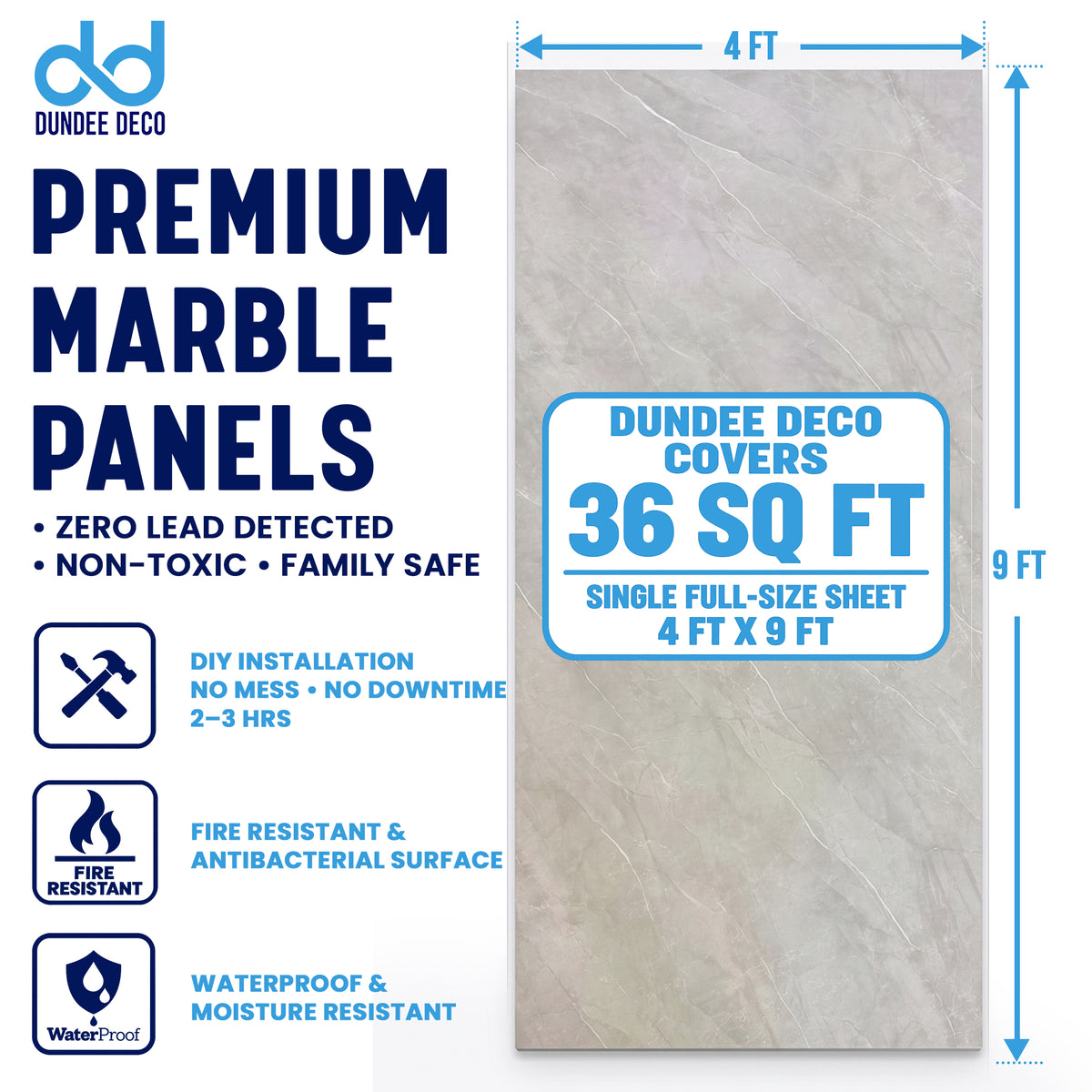 Faux Marble Panels - 4ft x 9ft - Matte, Waterproof DIY Decorative Panels for Walls and Floors - Grey, White Veins