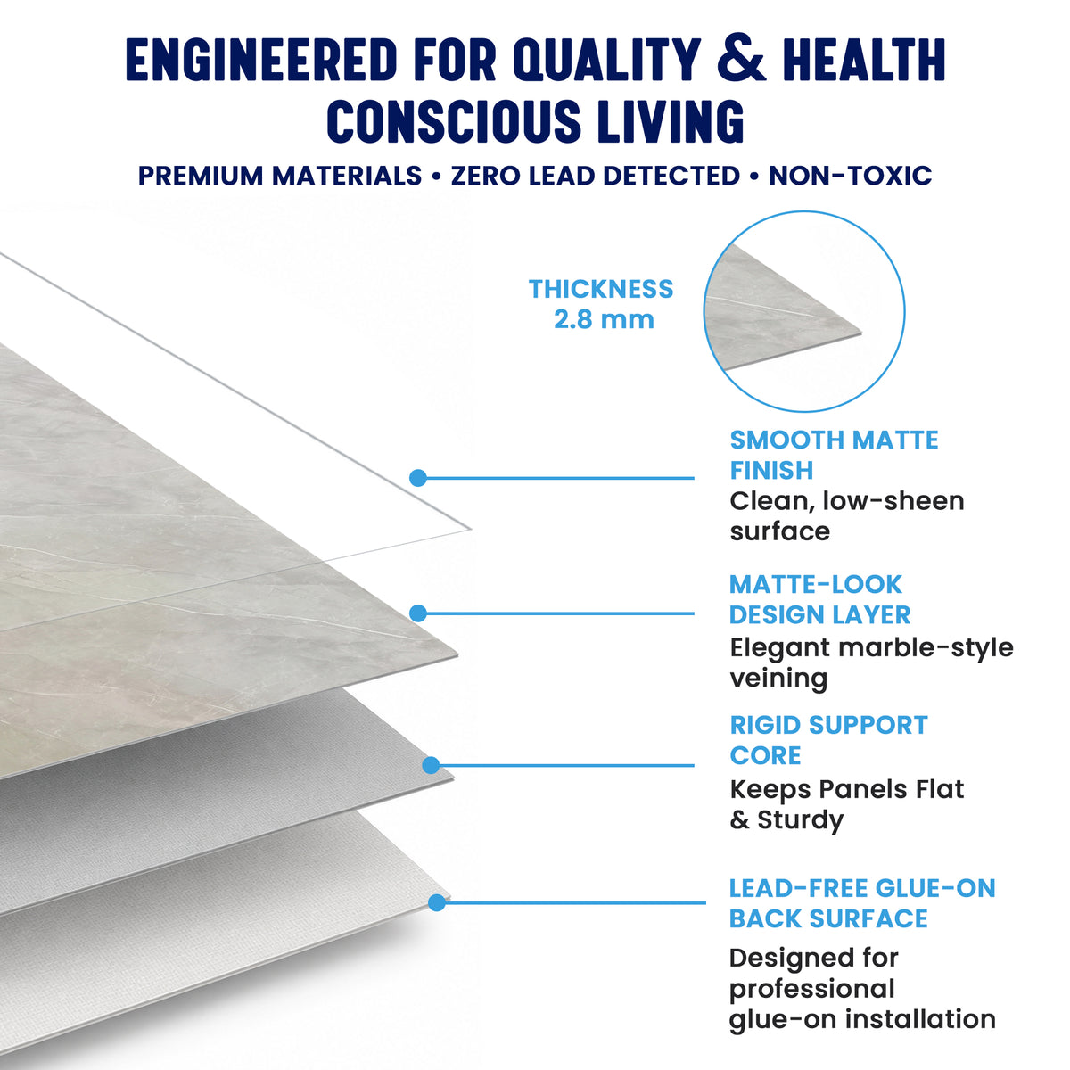 Faux Marble Panels - 4ft x 9ft - Matte, Waterproof DIY Decorative Panels for Walls and Floors - Grey, White Veins