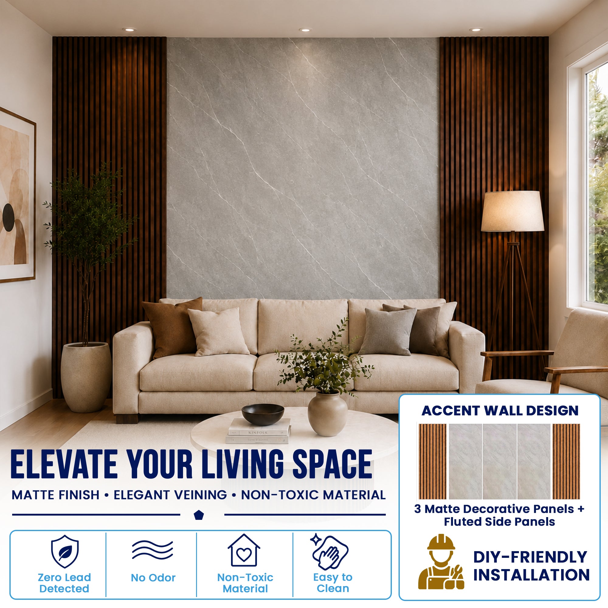 Faux Marble Panels - 4ft x 9ft - Matte, Waterproof DIY Decorative Panels for Walls and Floors - Grey, White Veins