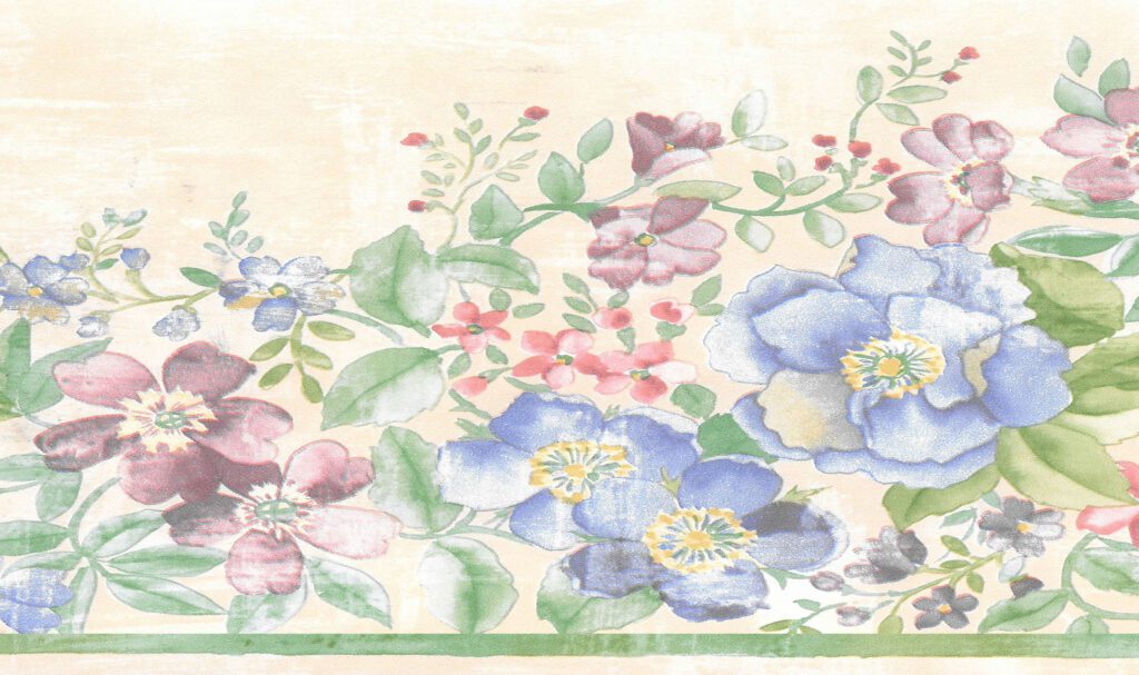 Prepasted Wallpaper Border – Floral Green, Pink, Beige, Blue Flowers, Vines Wall Border Retro Design, 15 ft x 7 in (4.57m x 17.78cm)