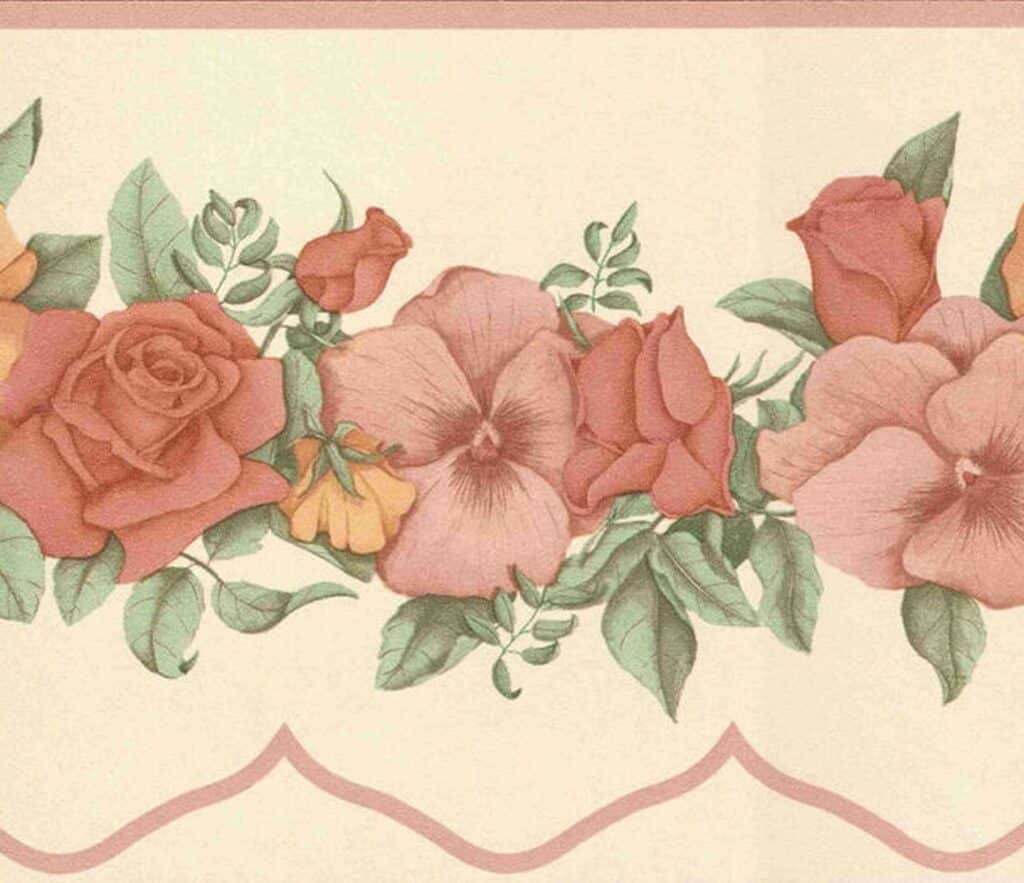 Prepasted Wallpaper Border – Floral Pink, Orange, Green Flowers on Vine Wall Border Retro Design, 15 ft x 7 in (4.57m x 17.78cm)