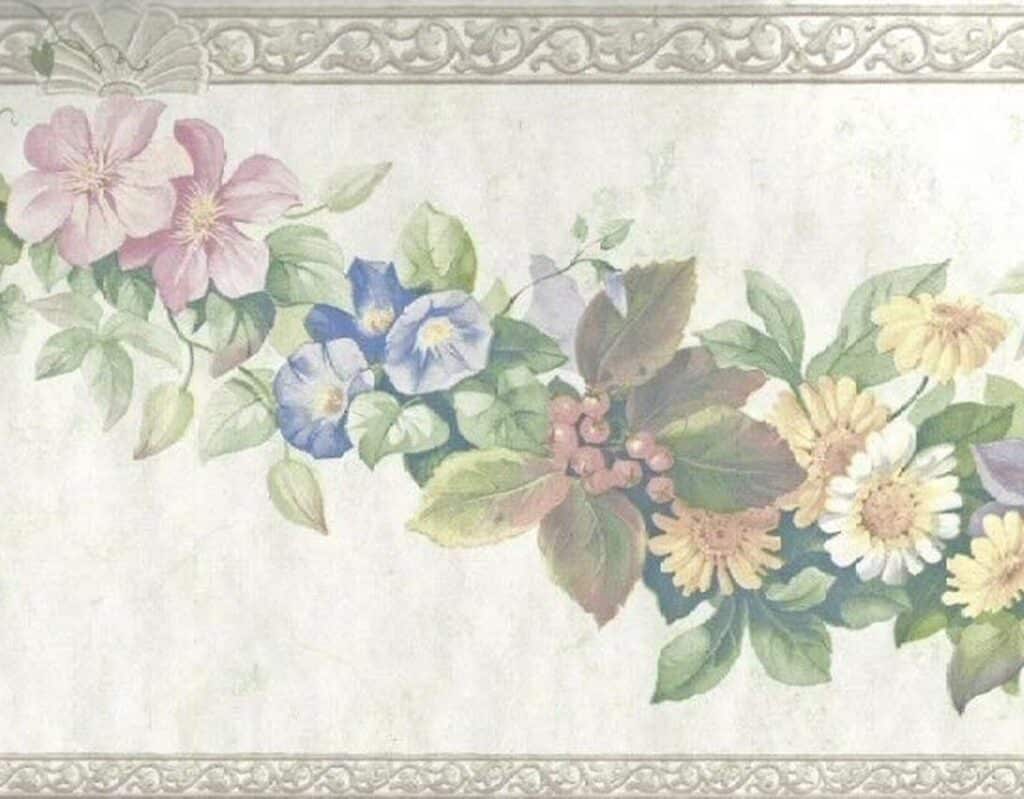 Prepasted Wallpaper Border – Floral Pink, Blue, Yellow, White, Green  Flowers, Garland Wall Border Retro Design, 15 ft x 9.25 in (4.57m x 23.5cm)