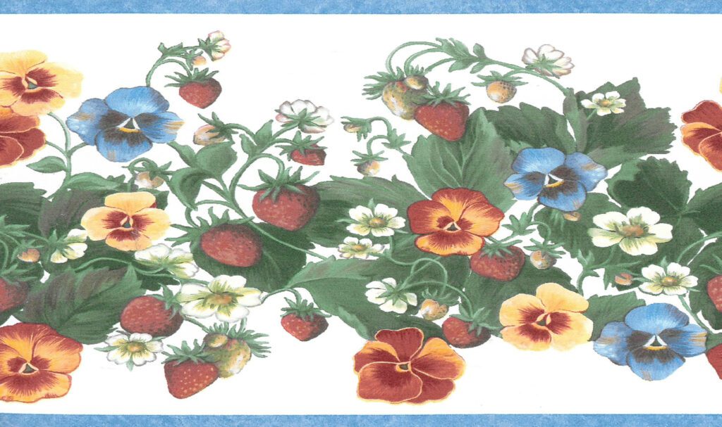 Prepasted Wallpaper Border – Floral Blue, Red, Yellow, Orange Flowers, Berries on Vine Wall Border Retro Design, 15 ft x 6.25 in (4.57m x 15.88cm)