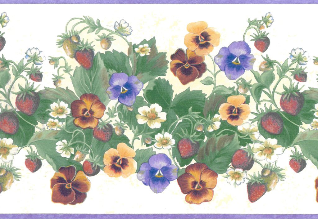 Prepasted Wallpaper Border – Floral  Purple, Yellow, Red, Orange Flowers, Berries on Vine Wall Border Retro Design, 15 ft x 6.25 in (4.57m x 15.88cm)