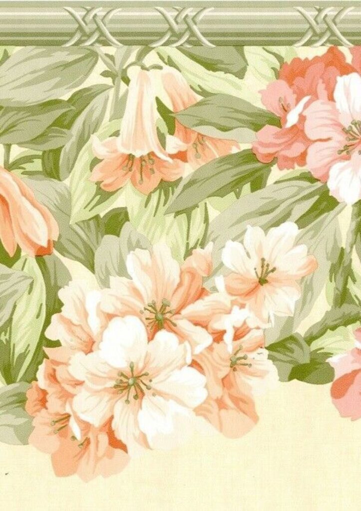 Prepasted Wallpaper Border – Floral Beige, Pink, Green Flowers on Vine Wall Border Retro Design, 15 ft x 10.1 in (4.57m x 25.65cm)
