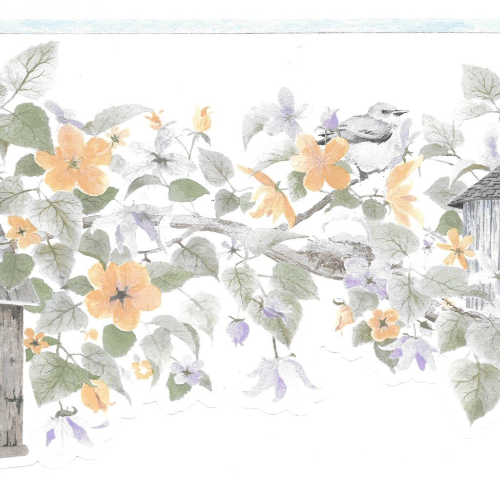 Prepasted Wallpaper Border – Floral Green, Purple, Orange Birdhouses, Flowers on Vine Scalloped Wall Border Retro Design, 15 ft x 9 in (4.57m x 22.86cm)