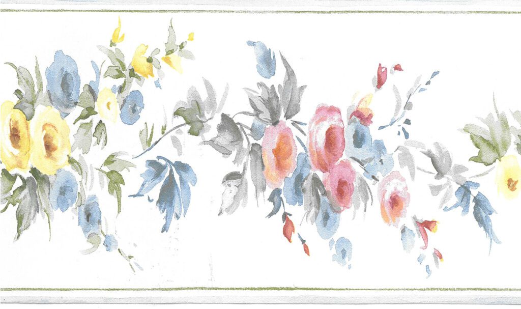 Prepasted Wallpaper Border – Floral Blue, Pink, Yellow Flowers on Vine Wall Border Retro Design, 15 ft x 4 in (4.57m x 10.16cm)