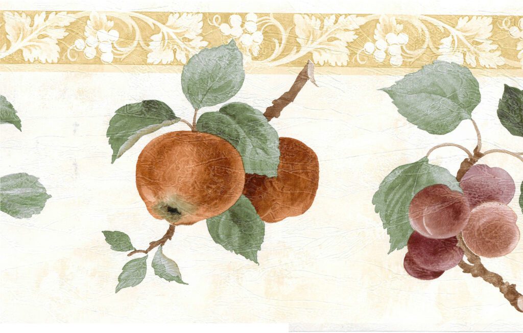 Prepasted Wallpaper Border – Floral Beige, Green, Mauve Apple, Plum, Cherry, Pear Wall Border Retro Design, 15 ft x 6.8 in (4.57m x 17.27cm)