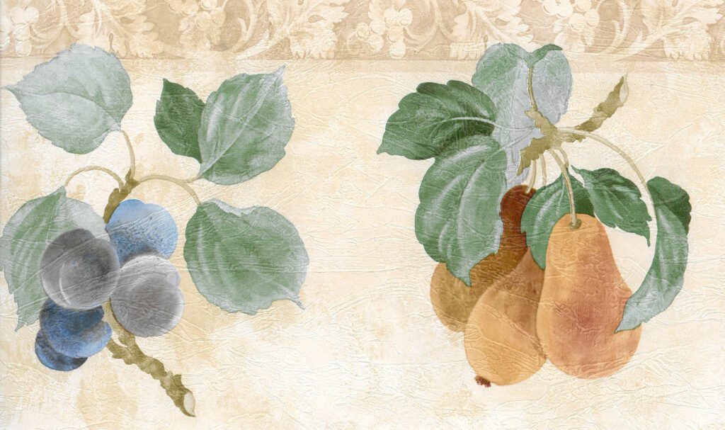 Prepasted Wallpaper Border – Fruits Green, Beige, Brown, Red, Blue Apple, Pear, Plum, Cherry Wall Border Retro Design, 15 ft x 7 in (4.57m x 17.78cm)