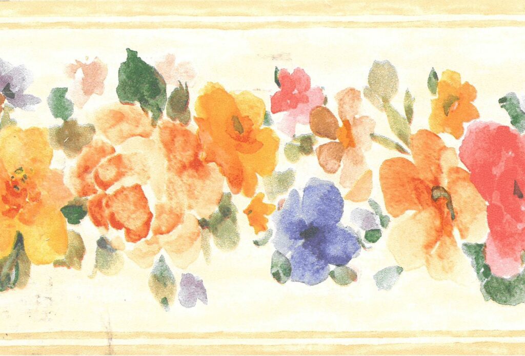 Prepasted Wallpaper Border – Floral Yellow, Violet, Orange, Pink Blooming Flowers Wall Border Retro Design, 15 ft x 3.5 in (4.57m x 8.89cm)