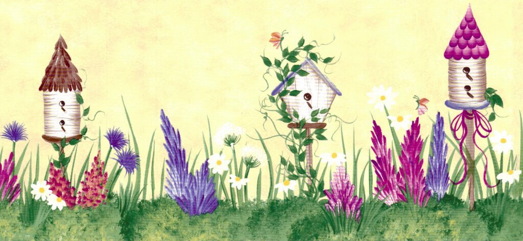 Prepasted Wallpaper Border – Floral Green, Beige, Purple, Pink Birdhouses, Flowers Wall Border Retro Design, 15 ft x 6.9 in (4.57m x 17.53cm)