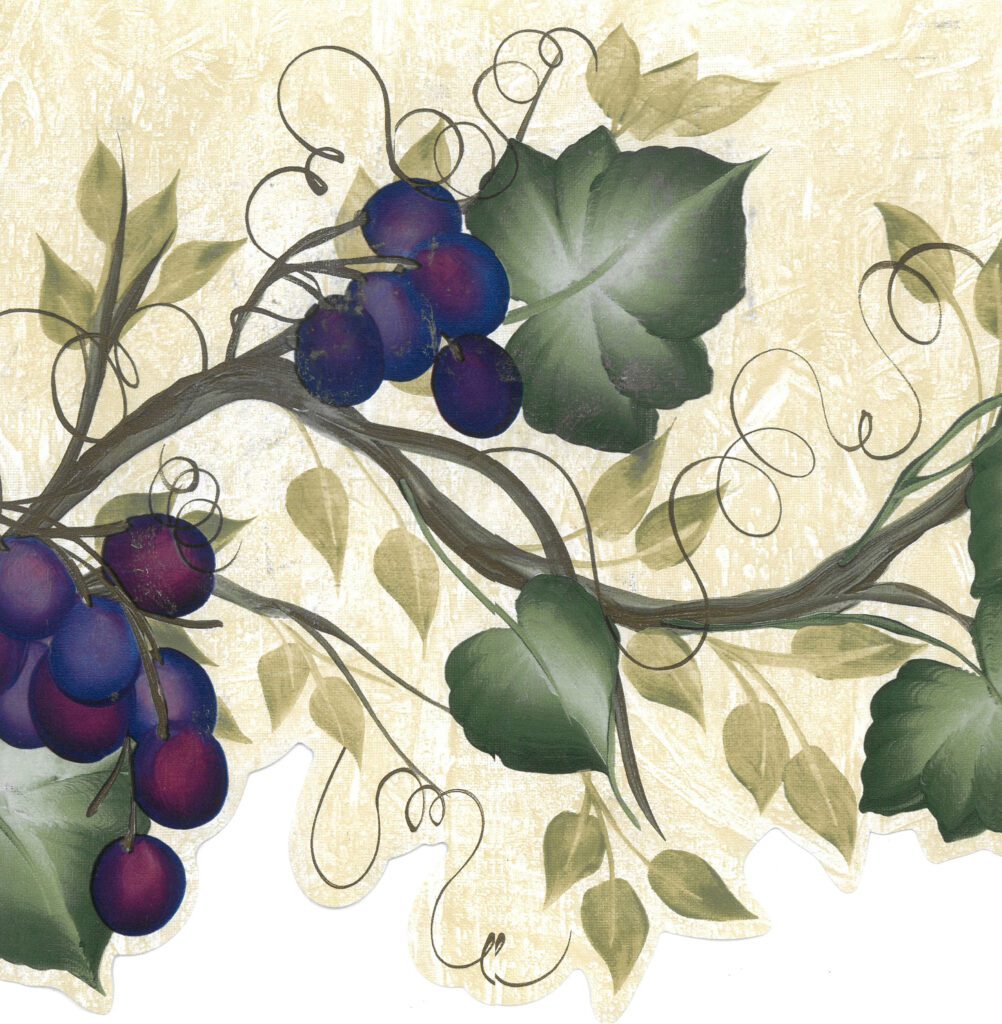 Prepasted Wallpaper Border – Fruits Green, Beige, Purple Grapes on Vine Scalloped Wall Border Retro Design, 15 ft x 10 in (4.57m x 25.4cm)